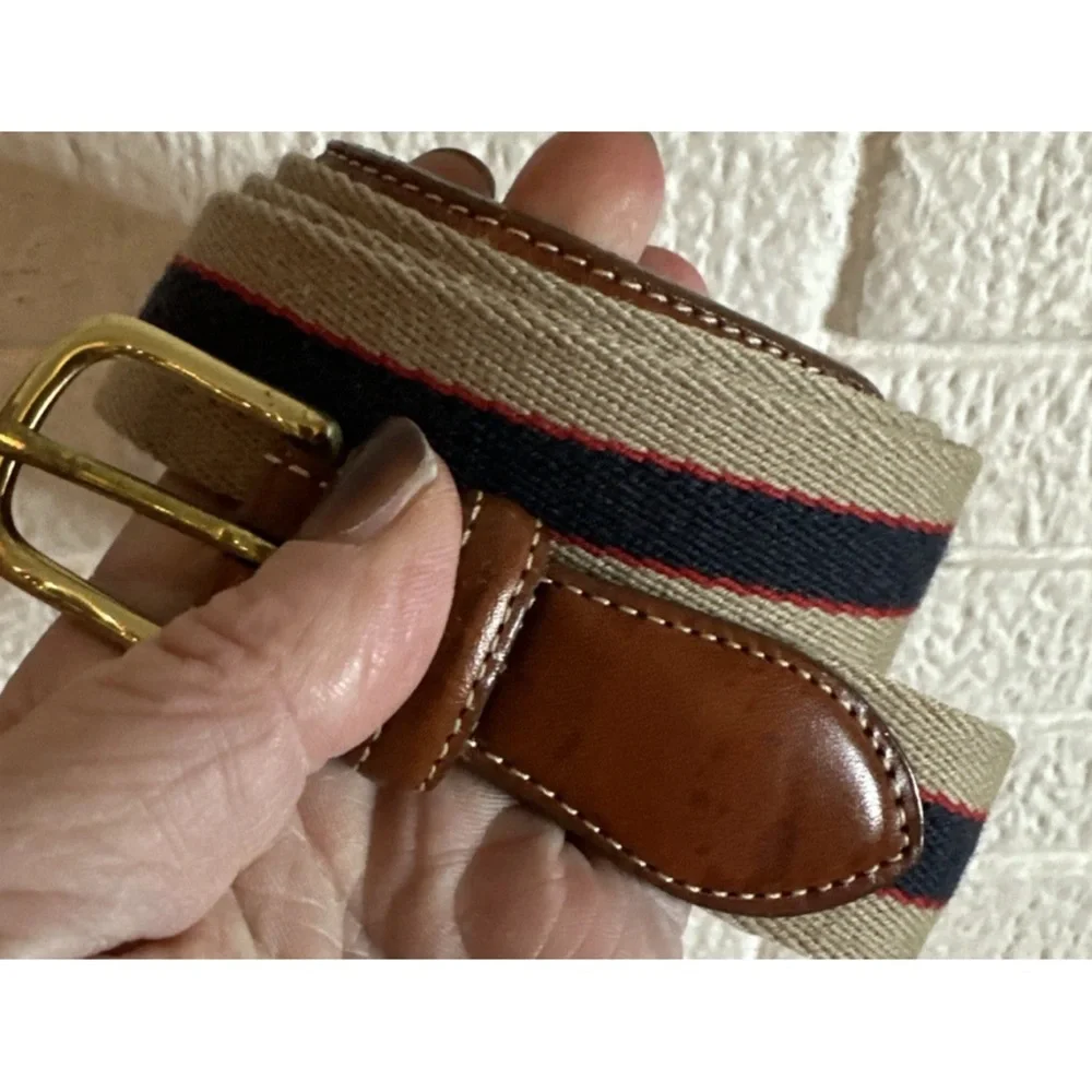 LANDS END Belt Mens 42 Canvas Leather Blue Red Made in USA Golf Vintage
